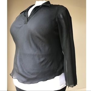 Sheer black collared v-neck blouse w/ bell sleeve